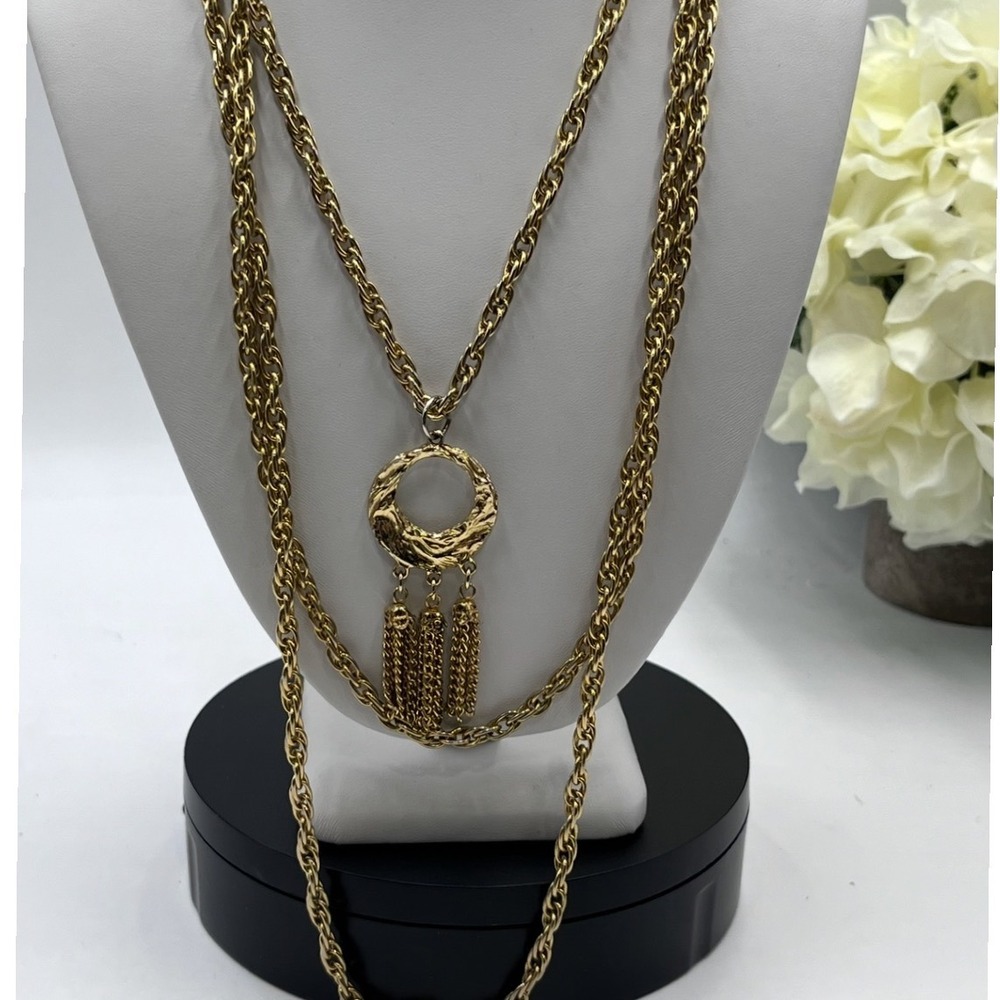 Vintage Triple Strand Gold Tone Tassel Chain Long Layered Necklace